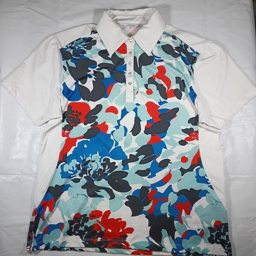 Callaway Golf Abstract Floral Polo Shirt Short Sleeve White Blue Red Size XL